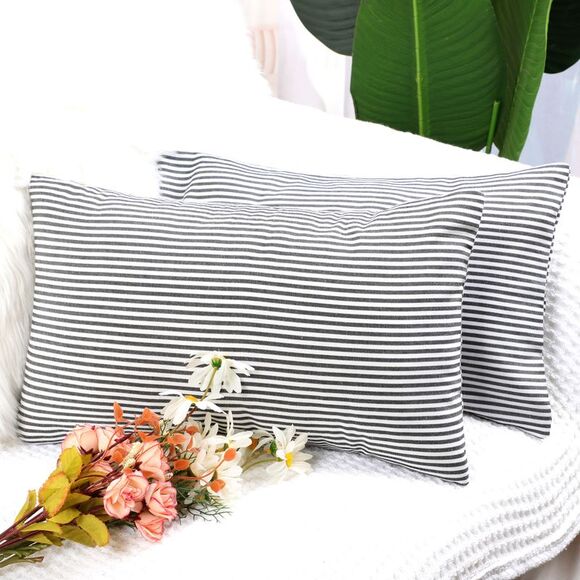 2pcs Striped Lumbar Throw Pillow Cover Decorative Cushion Covers Black and White - Picture 1 of 6